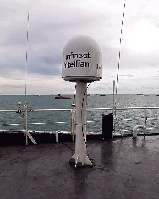 Infineat-branded satellite antenna on a vessel deck
